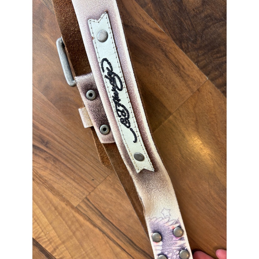 Vintage Ed Hardy Christian Audigier Leather Belt Eagle Tattoo Studded White Y2K - Picture 3 of 5